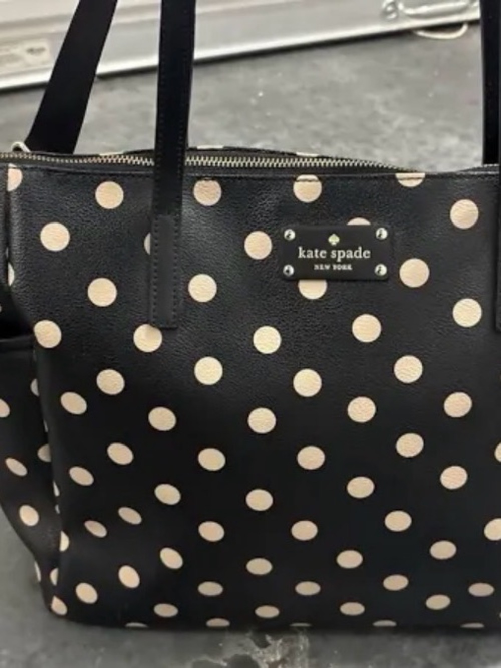 kate spade Adaira Black baby leather tote with cream polka dots